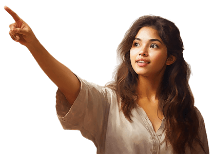 Smiling woman pointing - Join our review community