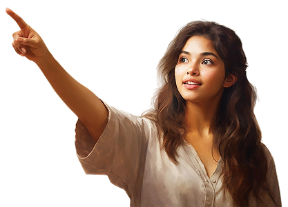 Smiling woman pointing - Join our review community